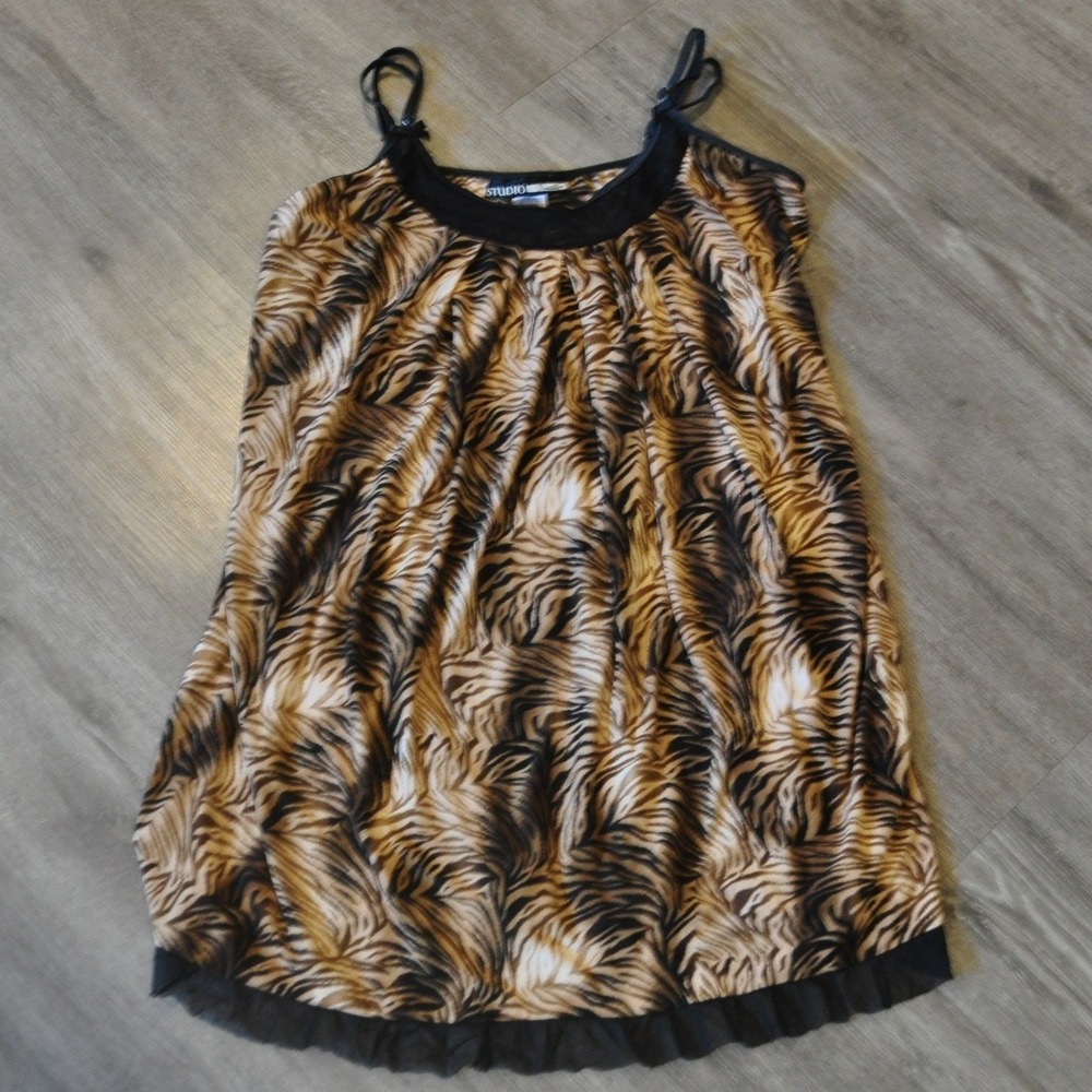 Y2K Studio Women Tiger Animal Print‎ Camisole Top Brown Black Mesh Trim Size L